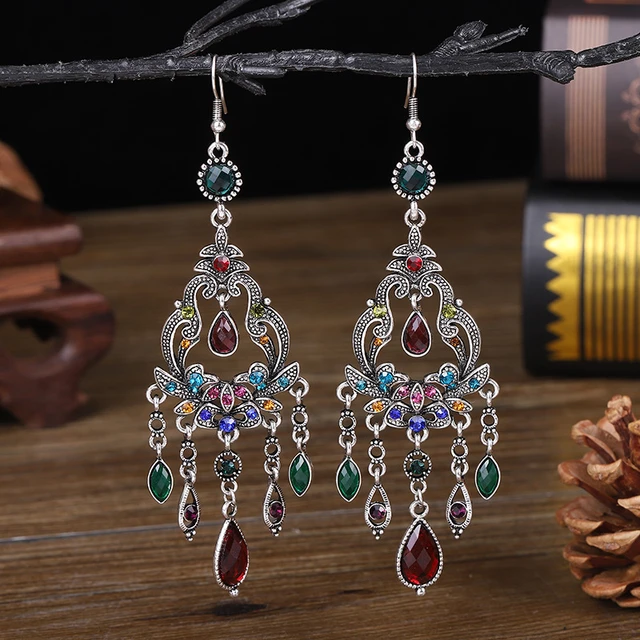 Ethnic Group|vintage Ethnic Tassel Earrings - Silver Rhinestone Flower  Dangle For Women