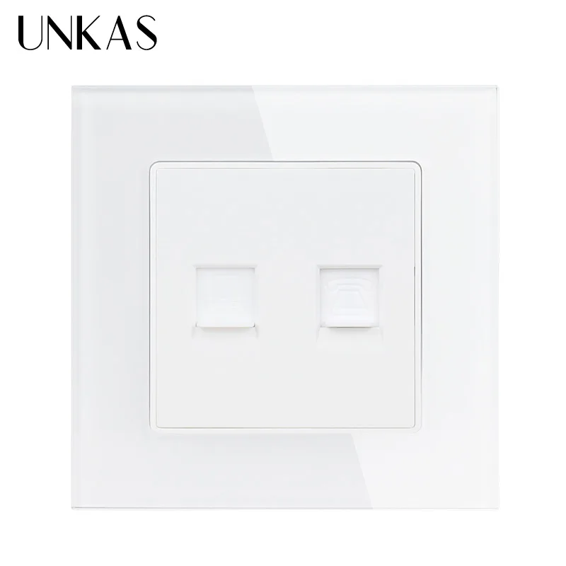 UNKAS White Computer Outlet Socket Luxury Crystal Glass Panel 1 Gang RJ11 Telephone With RJ45 Internet Jack CAT6 Connector | Обустройство
