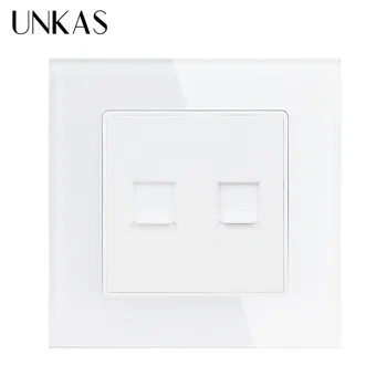 

UNKAS White Computer Outlet Socket Luxury Crystal Glass Panel 1 Gang RJ11 Telephone With RJ45 Internet Jack CAT6 Connector