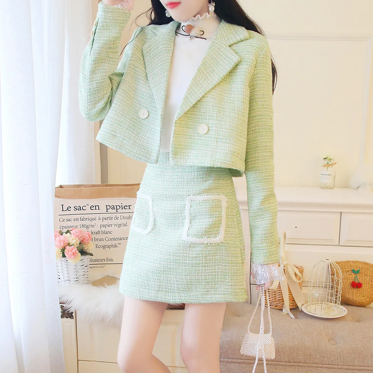 

Graceful Elegant Tweed Suit Cropped Jacket + Slimming Skirt Two-Piece Set