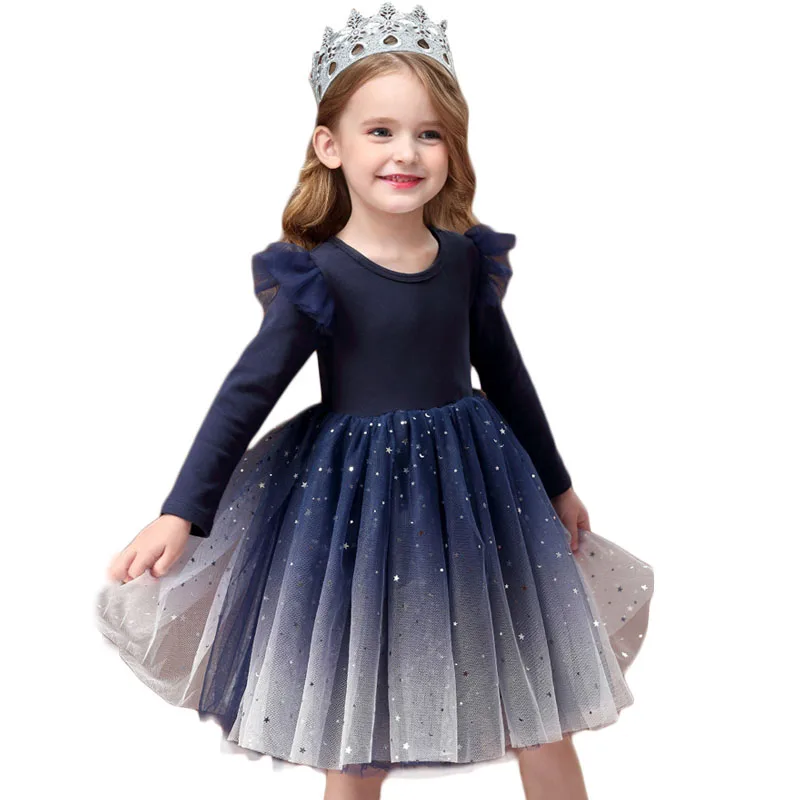 Платье для девочек, фатиновые платья с блестками и звездами, торжественное платье принцессы с рукавами-крылышками для детей 3, 4, 5, 6 лет