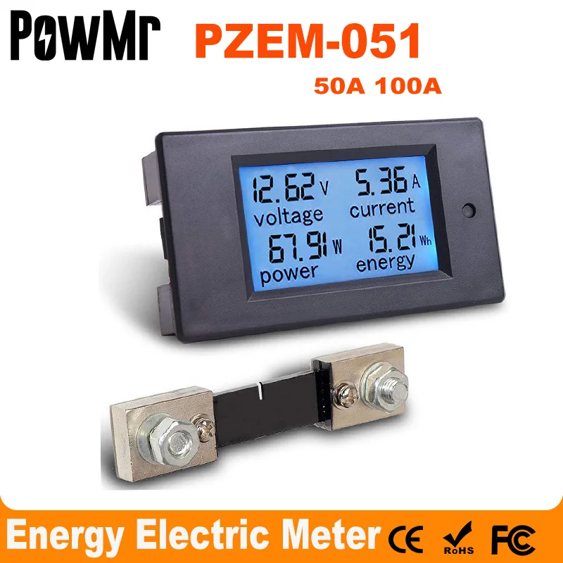 Pzem-051 Dc Digital Amperometro Voltmetro 6.5-100V 4 In1 Lcd Moto Tensione Corrente Potenza Monitor Di Energia Con Shunt 50A Nuovo