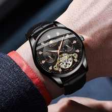 MOHDNE Relojes de pulsera de estilo británico para hombre, reloj mecánico automático de Tourbillon tallado con agujeros, con espejo de cristal recubierto de agua