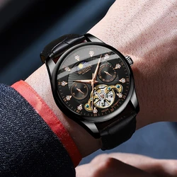 MOHDNE Relojes de pulsera de estilo británico para hombre, reloj mecánico automático de Tourbillon tallado con agujeros, con espejo de cristal recubierto de agua