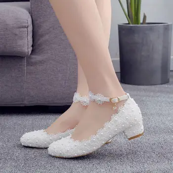 

Large Size Women's Shoes Square Heel Round Head Single Shoes White Lace Pearl Wedding Shoes Fashion Pumps Party Dress High Heels