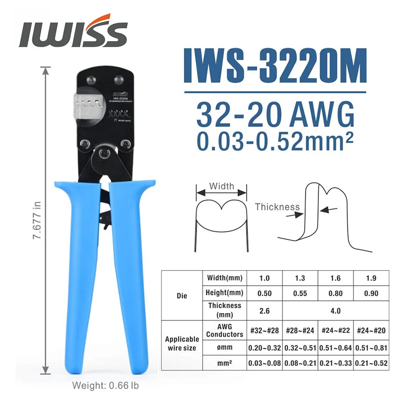IWISS IWS 3220M Обжимной инструмент для микроразъемов 0.03 0.52mm² 32 20AWG щипец с храповым