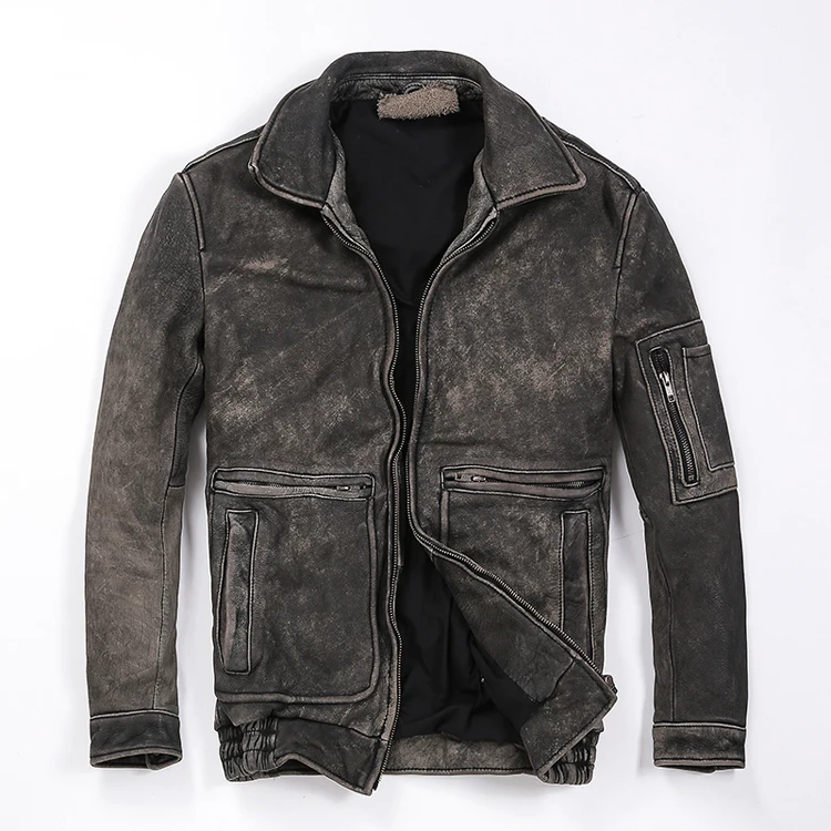 

2020 stone washed vinatge genuine do old cowhide pockets coat men motorcycle leather jacket for male