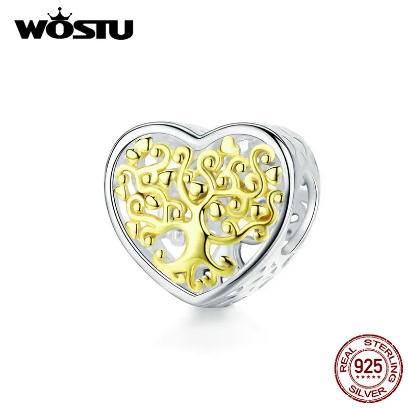 WOSTU Tree For Life, бусины в форме сердца, 925 пробы, серебро, золотой цвет, шарм, подходит для оригинального браслета, кулон, Женские Ювелирные изделия CQC1264