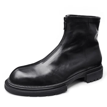 

Plus Velvet British High Top Thick Bottom Genuine Leather Chelsea Boots Mens Autumn Winter Military Boots Round Zipper Cowhide