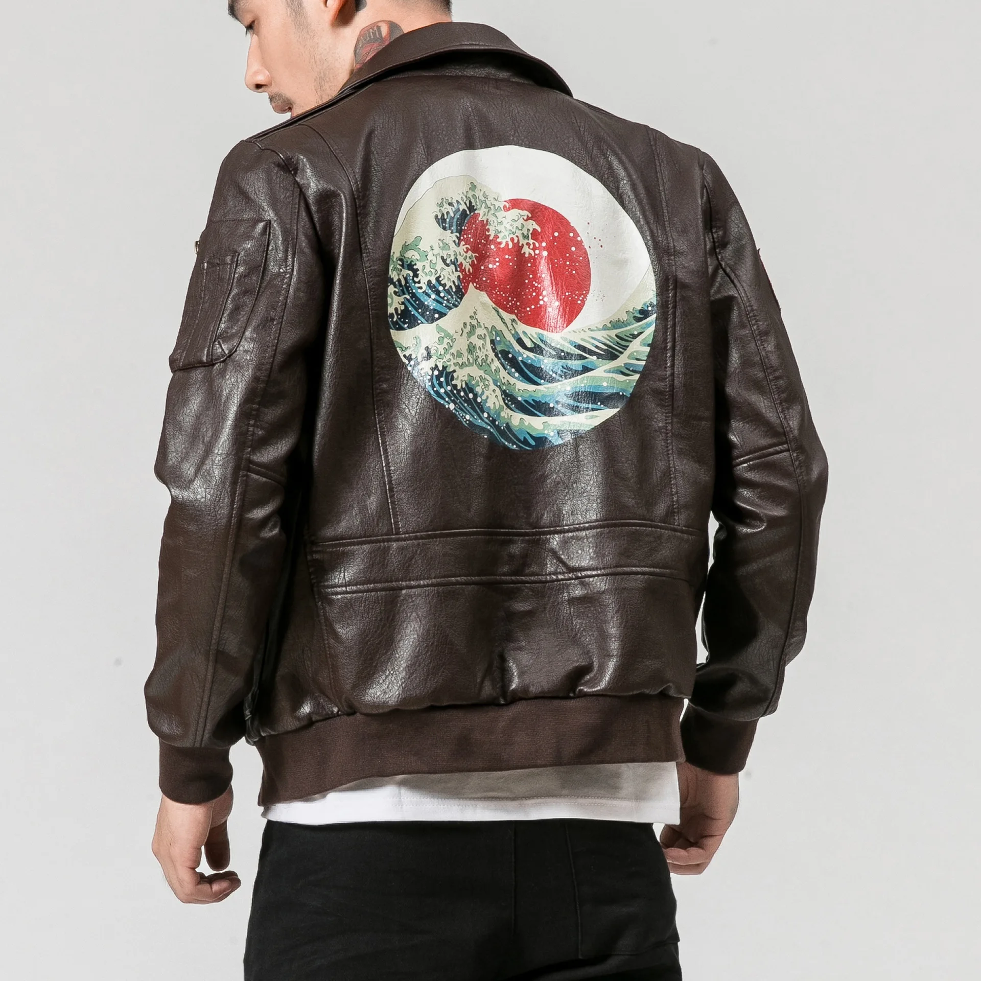 

2018 New Style Origional Chinese-style PU Leather Autumn And Winter Retro Waves Printed Crane Embroidery Short Locomotive Leathe