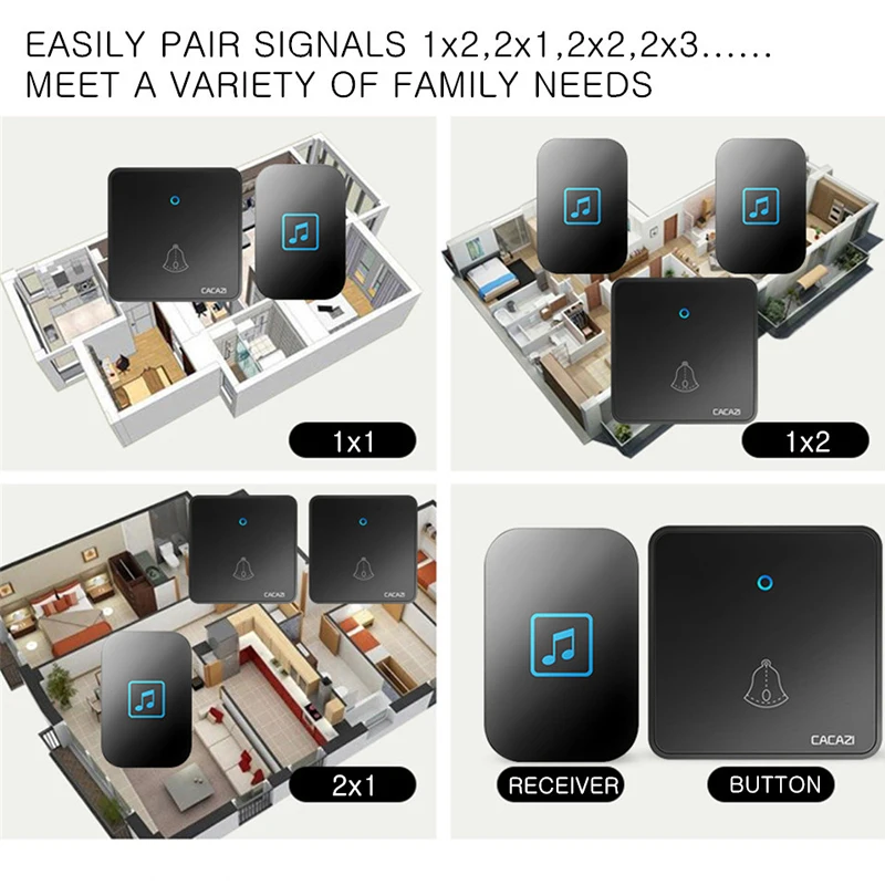 CACAZI Ring Doorbell Wireless Battery CR2032 Waterproof Home Door Bell Light 300M Remote Transmitter Receiver US EU UK Plug