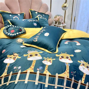 

Summer Cartoon 60 Tencel Four-piece Set Silky Giraffe Embroided Bed Sheet Quilt Cover Bare Sleeping Bedding Article