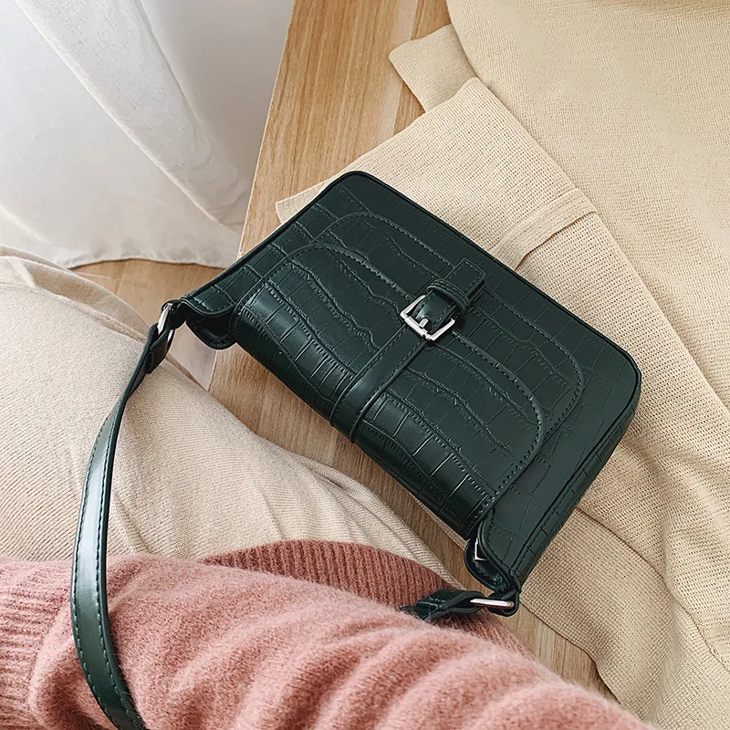 

New Style Solid Color Korean-style Square Sling Bag Retro Stone Pattern Shoulder Women's Armpit Bag Simple Versatile Bag WOMEN'S
