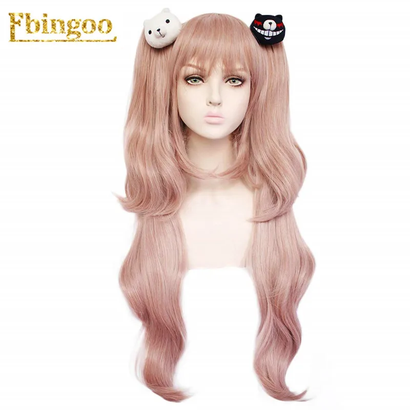 Ebingoo Danganronpa Enoshima Junko Wig Double Ponytail Pink Synthetic Cosplay Wig Long Natural Wave Wig with Bangs+Hair Cap