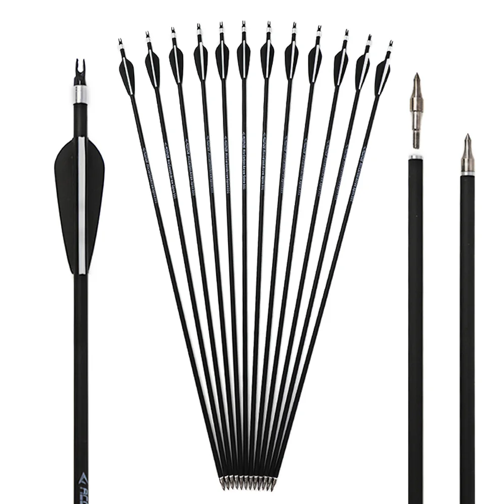 Flecha de carbono para tiro con arco, 12 Uds., 30 pulgadas, espina dorsal 500, Color blanco y negro, recurvo para arco/compuesto, caza
