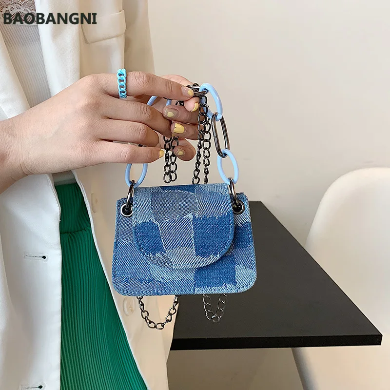 

High Quality Ladies Fashion Shoulder Bag New Female Bag Square Blue Denim Stitching Bag Magnetic Buckle Trend Chain Handbag