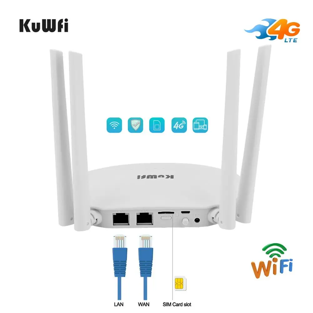 KuWFi 300 Мбит / с 4G LTE Wi Fi маршрутизатор 3G Sim карта Беспроводной 4шт внешней антенны до