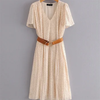 

2020 summer women's new V-neck short-sleeved slimming with belt temperament wave point pleated mid-length dress