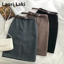 Прямая женская винтажная элегантная юбка с завышенной талией, Женская однотонная шерстяная зимняя длинная облегающая юбка макси размера плюс, черная серая