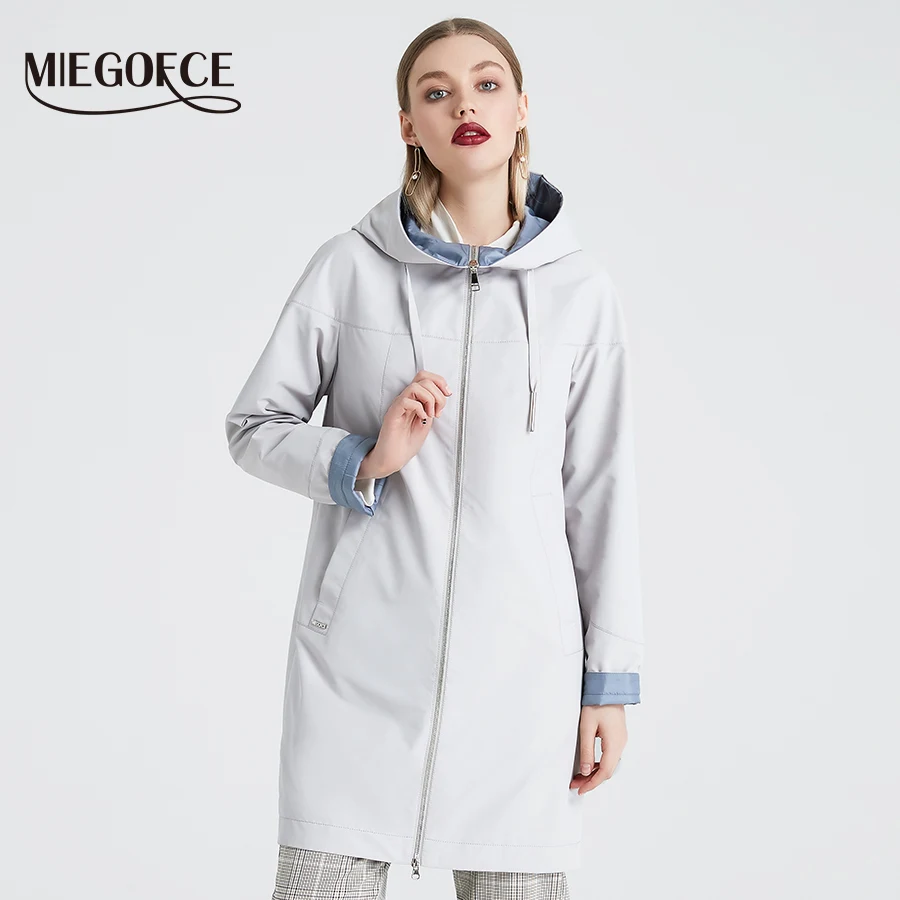 Beste MIEGOFCE 2019 Lente Lange vrouwen Trenchcoat Stand Kraag Hooded Vrouwelijke Slanke Synthetische Winter vrouwen Jas Nieuwe Ontwerp