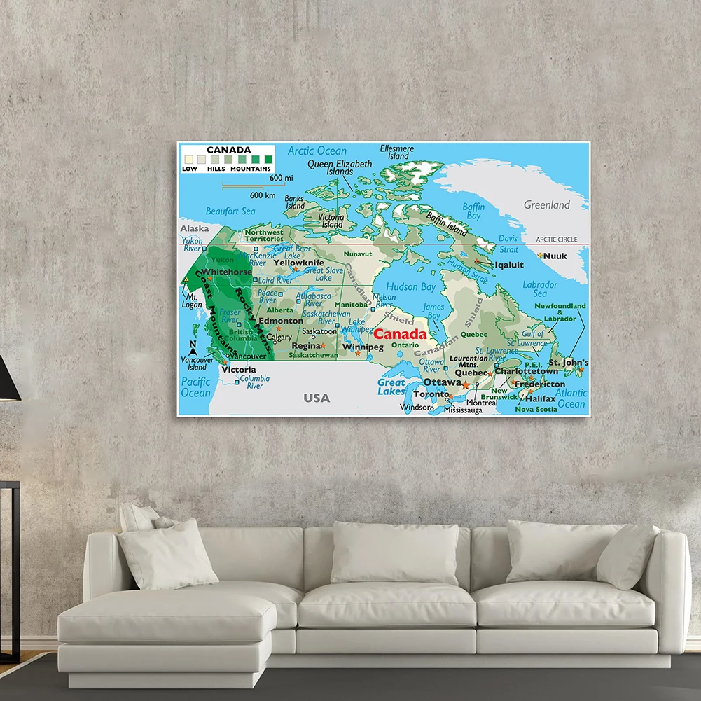 150*100cm The Canada Terrain Map Wall Art Poster Non-woven Canvas Painting Classroom Home Decoration School Supplies