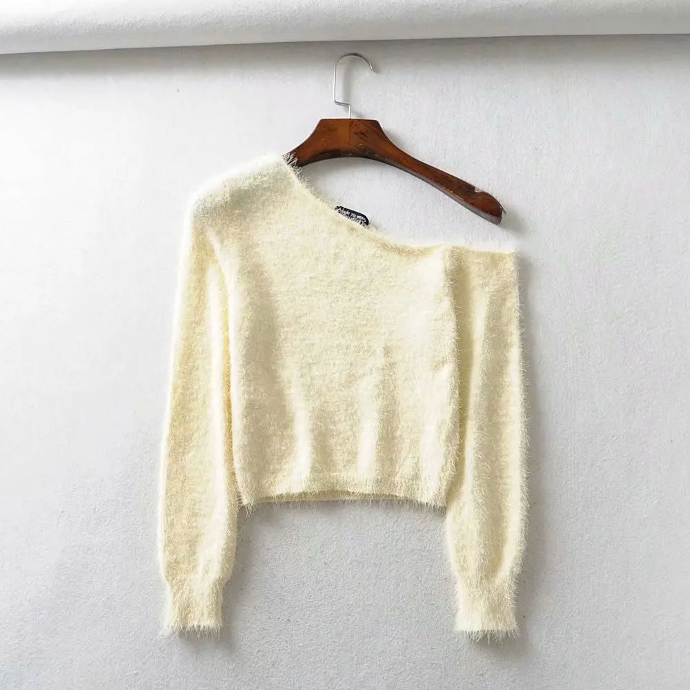 Милый свитер, корейский пуловер, Женский вязаный свитер с открытыми плечами, kawaii, свитер на одно плечо, женские пушистые свитера, осень
