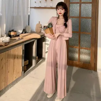 

Spring Autumn 3 Piece Matching Set Women Tank Crop Top+Wide Leg Pants+Open Stitch Sweatsuits Casual Ribbed Three Piece Outfits