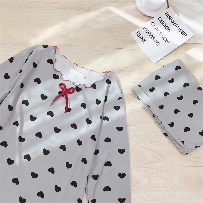 Caiyier Autumn Pajamas Set Black Peach Heart Print Nightwear Thin Long Sleeve Sleepwear Cute Bowknot For Women Causal Homewear