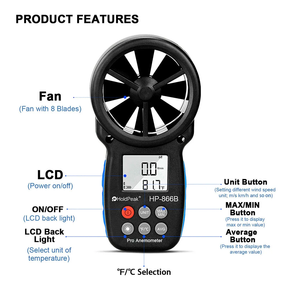 866B карманный мини измерительный термометр Многофункциональный датчик ЖК-дисплея тестер температуры ручной ветромер скорости