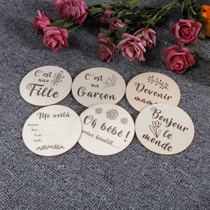 Wooden baby milestone cards 6 Pcs Handmade French Letters Baby Milestone Cards Double-sided Monthly Growth Recording Photo Cards Newborn Birth Souvenir Prop