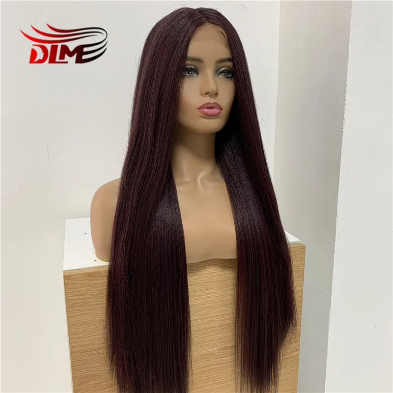 

DLME Long Yaki Straight Synthetic Lace Front Wigs Middle Part High Temperature Heat Resistant Fiber Cosplay Wigs For Women 39J
