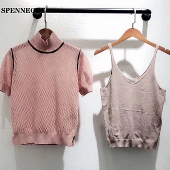 

SPENNEOOY Designer Custom Runway Female Fashion Summer Pink Knitting T Shirt Women's Turtleneck Hollow Out Lined Casual Coat