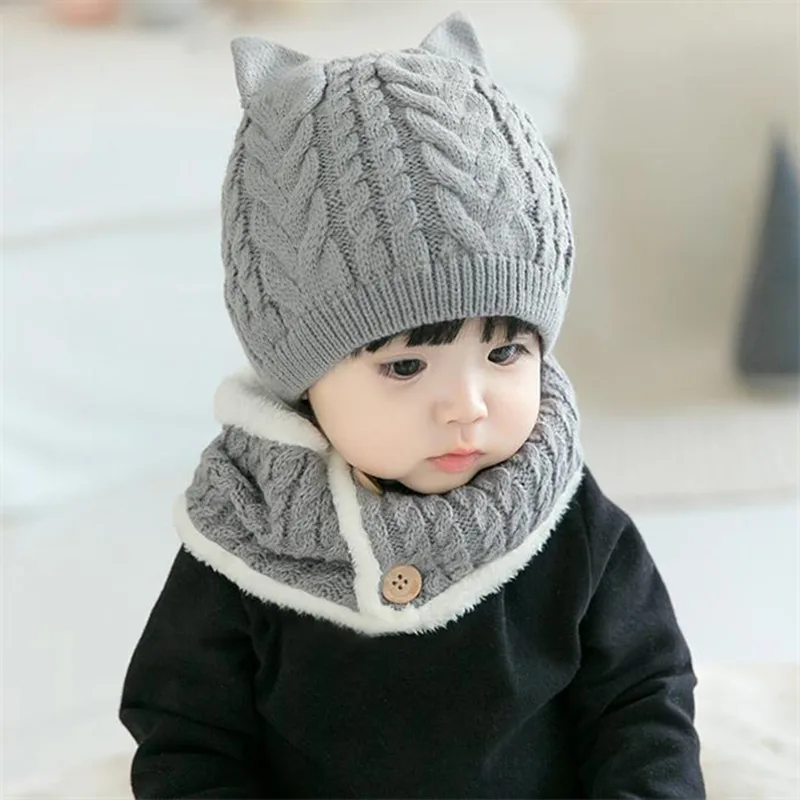 grey hat and scarf Зимний теплый детский набор шапки и шарфа вязанная крючком утолщенная флисовая шапка для мальчиков и девочек шапки - Цвет: grey hat and scarf