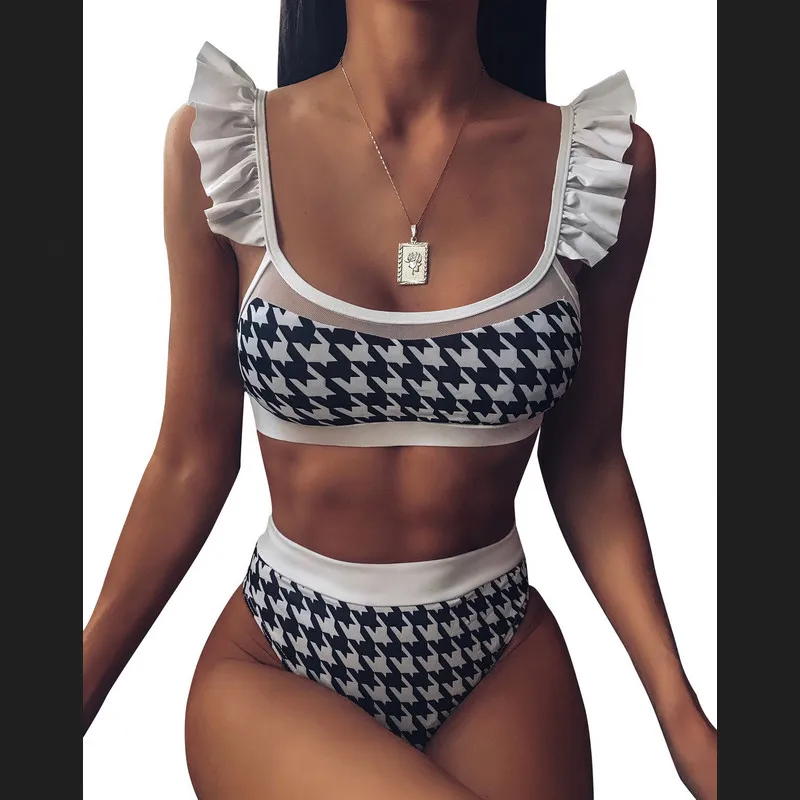

Sexy Mesh Insert High Waist Bikini 2020 Chic Swimsuit female Ruffle Sling Bathing suit Retro Plaid Print Swimwear Women Bathers