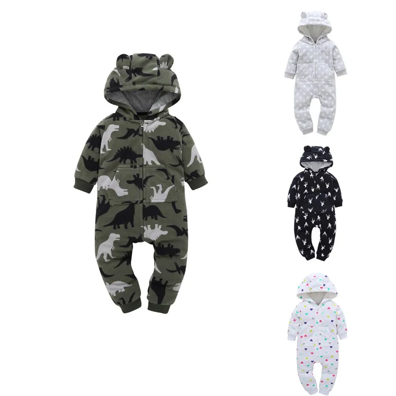 

2019 Spring Autumn Infant Baby Boy Girl Hooded Romper Polar Fleece Comfortable Cartoon Pattern Dot With Ear Long Sleeve Romper