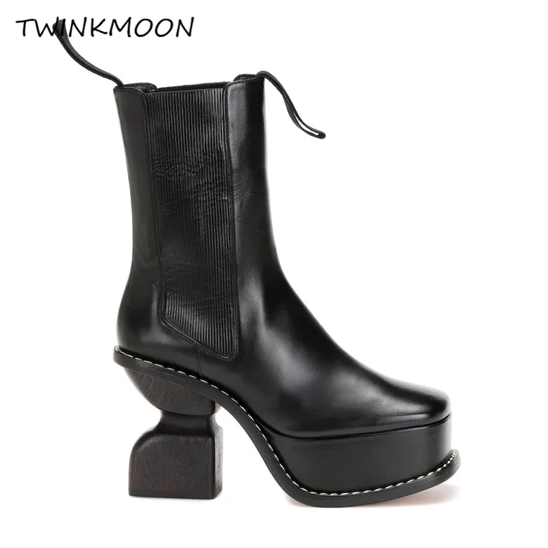 Strange Heel Platform Boots Women's Genuine Leather Shoes Black Runway Design Ankle Boots Ladies botas mujer