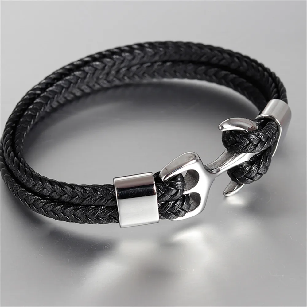 Black Men's Titanium Steel Bracelet Black Personality Leather Woven Anchor Leather Bracelet Rope Bracelet For Men Gift High Quality - Окраска металла: Black