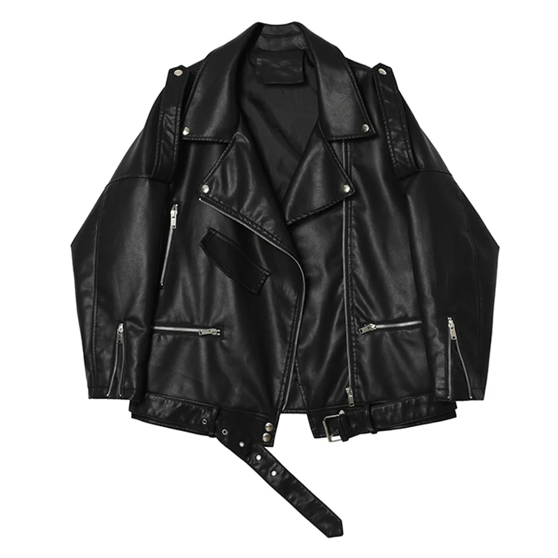 [EAM] Свободная черная крутая куртка из искусственной кожи большого размера, Новое Женское пальто с отворотом и длинным рукавом, модное осенне-зимнее пальто 1B531