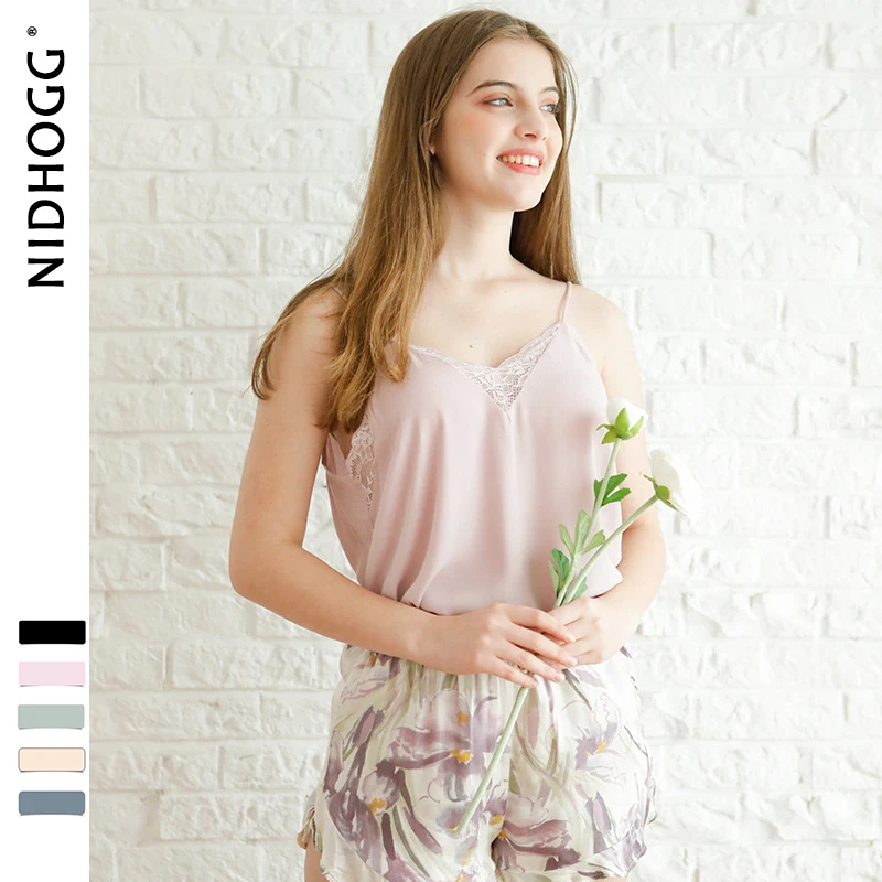 

Summer 2019 Lace Purple Lily Suspenders Shorts Satin Pajamas Loungewear Women Sexy Lingerie Printing Sleepwear Shorts Two Piece