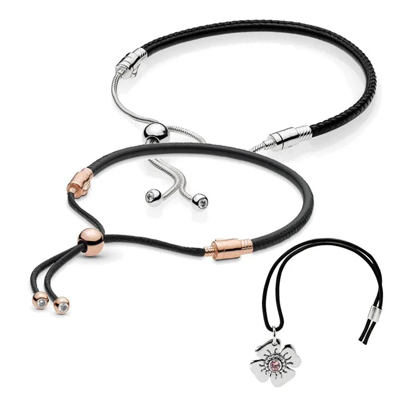

925 Sterling Silver Daisy Rope Original Pans Rose Black Genuine Leather Sliding Bracelet for Women DIY Charm Jewelry Gift