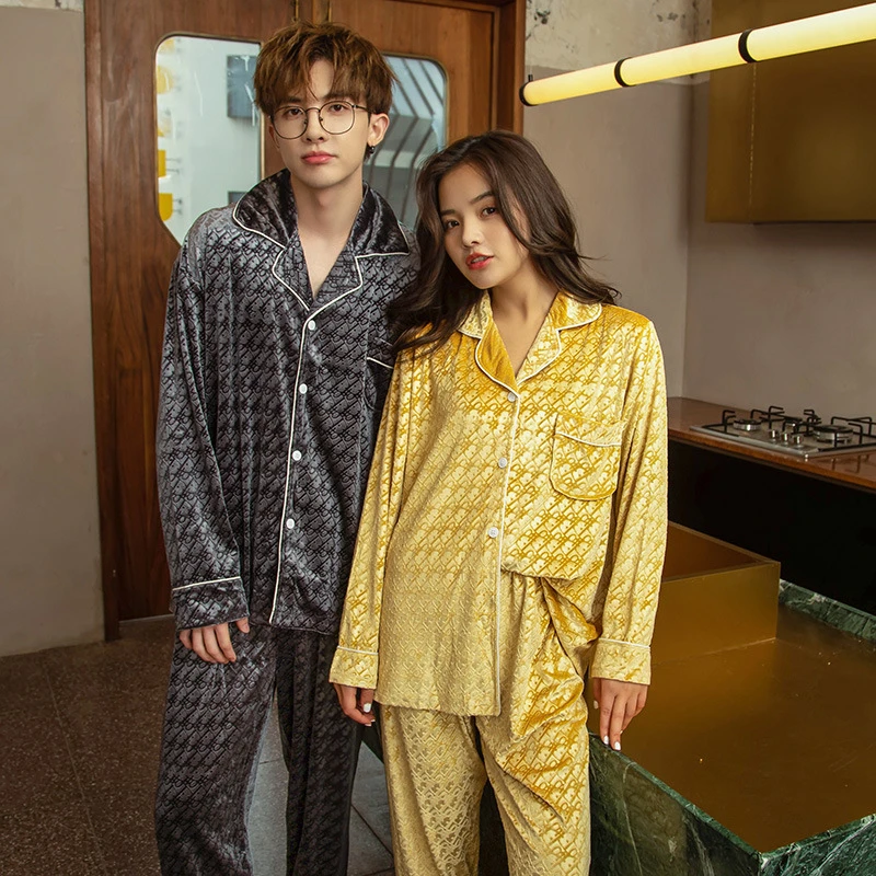 

Women's Pajamas Set Warm Velvet Homewear Houndstooth Sleepwear Luxury Style Couple V Neck Nightgown Plus Size 3XL Men's Nightie