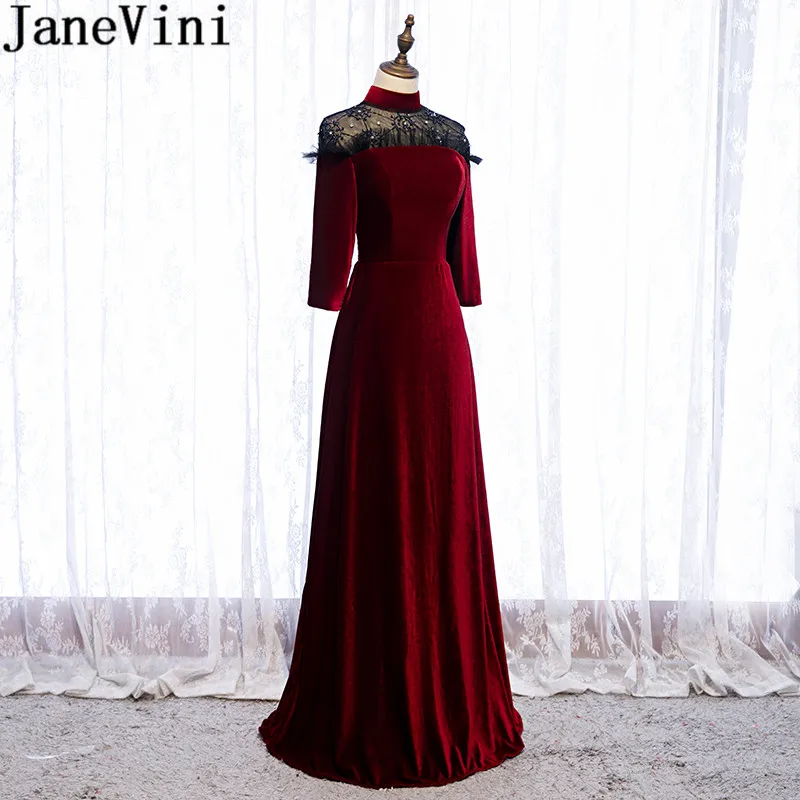 JaneVini бархатное бордовое платье размера плюс с высоким воротом из бисера Длинные вечерние платья для Для женщин элегантные dubai длинный рукав торжественное платье