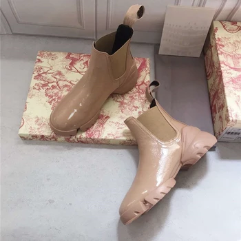 

Slip On women's boots Patent Leather Ankle boots Women Fashion Brand Flat Boots Nude Black Ladies Short Boots Luxury Designers