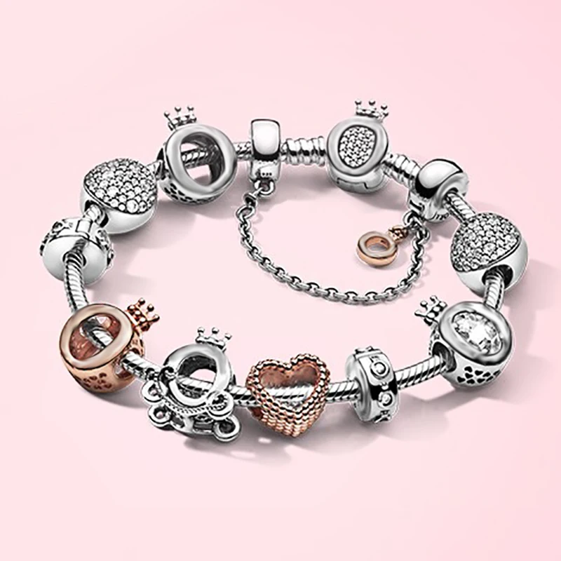 

100% 925 Sterling Silver Crown carriage heart inlaid with diamonds pan Bracelet original female jewelry gift