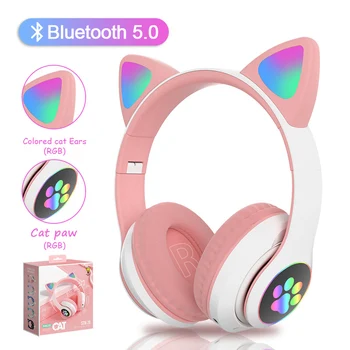 

Wireless Headphones RGB light Cat Ear Cartoons Cat Paw Girls Gift Bluetooth Headset HIFI Stereo Bass Kids headset Christmas gift