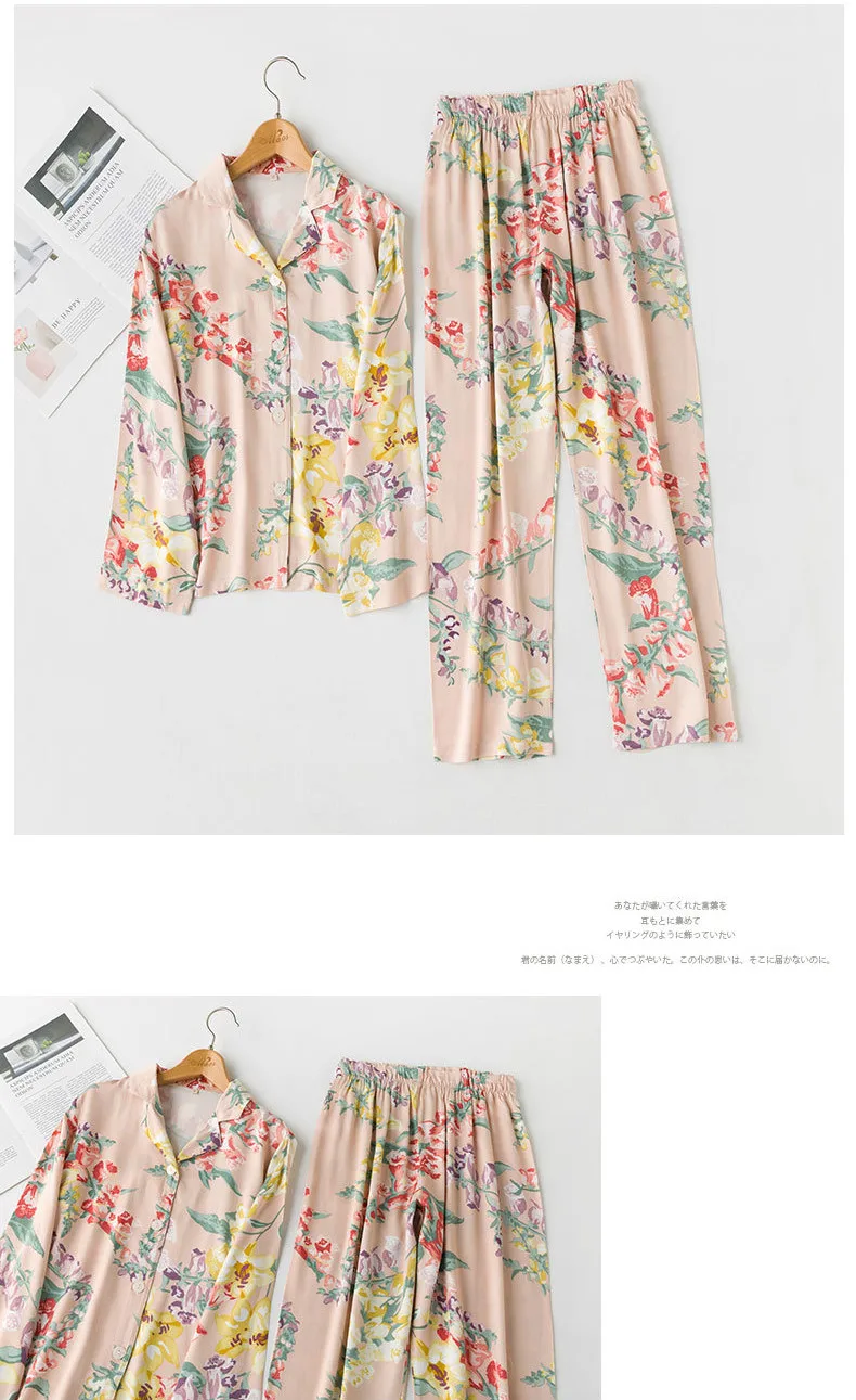 Autumn New Korean Ladies Satin Flower Printing Pajamas Women Long Sleeve Pants Casual Sleepwear Home Clothes Sexy Two Piece