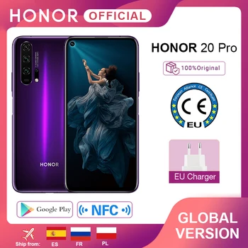Перейти на Алиэкспресс и купить В наличии глобальная версия Honor 20 Pro смартфон Kirin 980 Octa Core 7nm 6,26 ''8G 256G 48MP четыре камеры сотовый телефон Google Play NFC