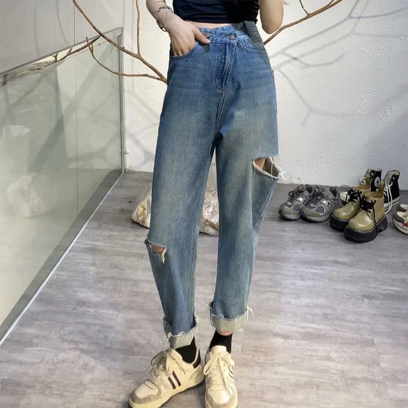 Pantalones vaqueros deshilachados Retro americanos para mujer, pantalón corto pierna ancha, holgado, cintura alta, adelgazante|Pantalones vaqueros| - AliExpress