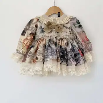 

2PCS Autumn Winter Vintage Spanish Princess Lolita Turkey Lace Bow Ball Gown LongSleeve Dress For Bady Girls Birthday Party 0-7Y