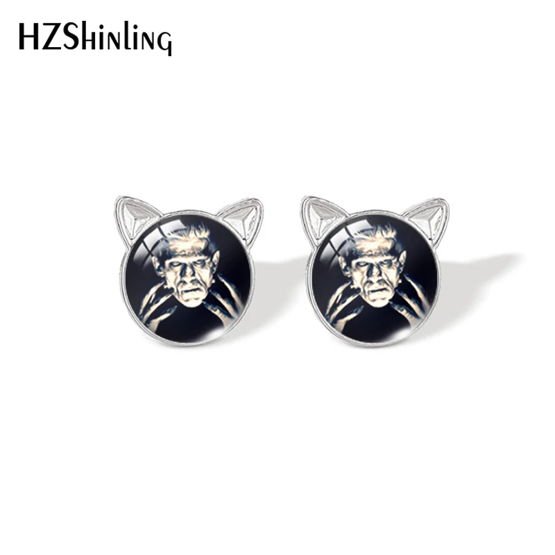 2021 New Monster Frankenstein Bride Stud Earring Painting Cat Ear Earrings  Handmade Glass Dome Photo Printed Jewelry Gifts Girl